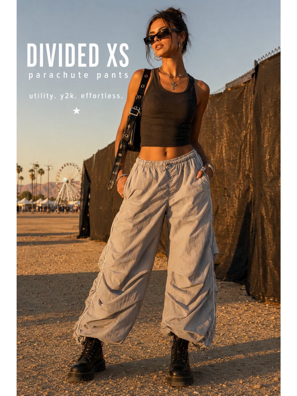 Divided XS Gray Parachute Ruched Cargo Pants Y2K Wide Leg